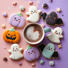 Cute halloween cookies with hot cocoa on pastel background