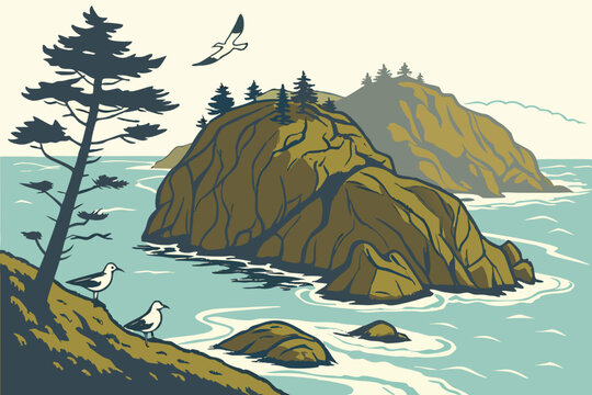 Tillamook Bay Islands in Oregon, rocky coastal islets with seabirds and rugged waves