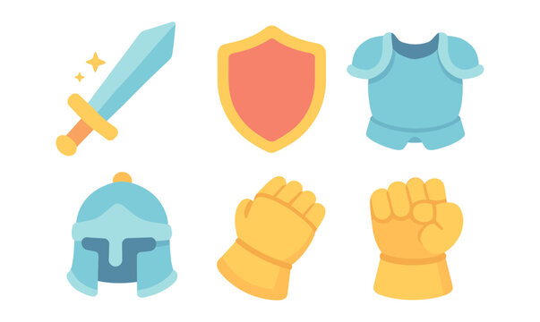 Colorful medieval armor and weapon set in flat cartoon style