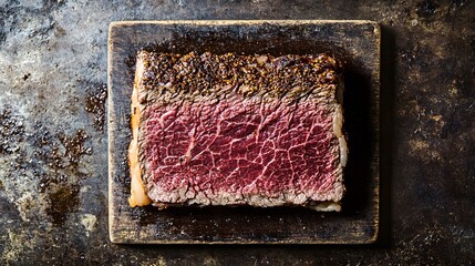 Delicious roast beef steak with herbs on wooden board, close up view