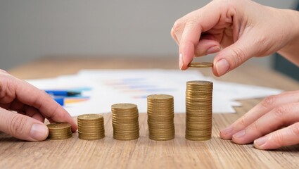 People Stacking Coins to Show Financial Growth on a Wooden Table With Documents in the Background