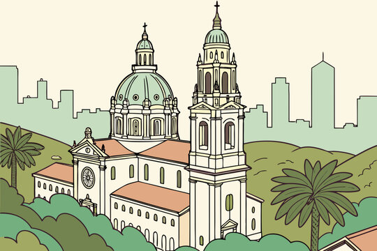 St. Ignatius Church at USF in San Francisco, California, domed twin towers with ornate details and city views