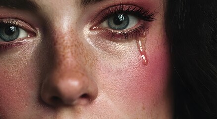 Emotional close-up of a teary green eye of a young woman. A single tear rolls down her freckled cheek, highlighting vulnerability, sadness, and raw human emotion