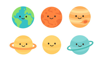 Cute cartoon planets with smiling faces: earth, mars, jupiter, saturn, uranus - adorable space design