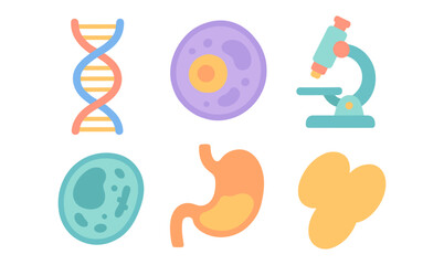 Colorful flat science icons featuring dna, cells, and laboratory equipment