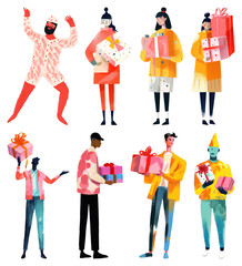 Obraz premium PNG Colorful characters exchanging gifts, element set on transparent background