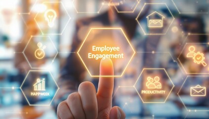 Person Touching Glowing Hexagon Symbol with Business Concepts in Background
