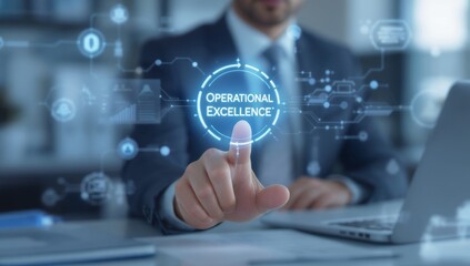Business Professional Touching Glowing Visual Interface with Operational Excellence Text