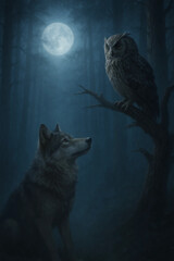 a wolf and an owl in a dark forest, lit by the light of a full moon.