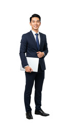 A smiling, well-dressed Asian businessman stands holding a laptop, posing confidently.