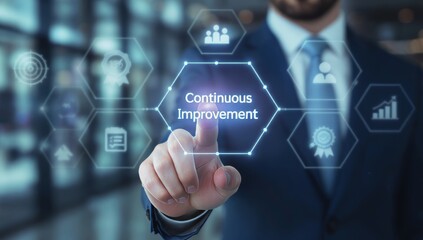 Businessman Touching Glowing Hexagon with Continuous Improvement Text in Modern Office Environment