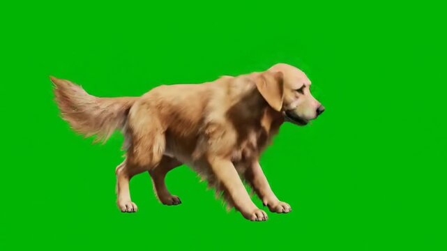 Golden retriever walking gracefully across frame with detailed fur texture isolated on vibrant green screen background in seamless looping video for compositing projects