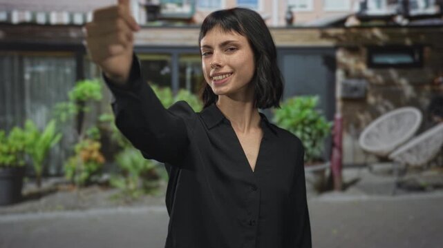 Young woman shows thumb down gesture in front of building entrance outdoors wearing black shirt with extended arm; disapproval.