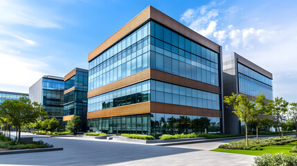 Obraz premium A modern office building showcasing contemporary corporate architecture at the front of a luxurious commercial complex.