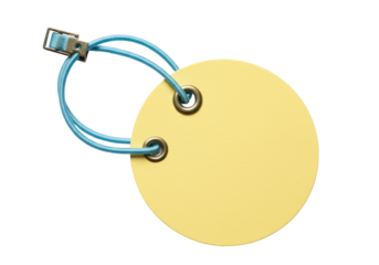 Yellow round tag with blue elastic cord isolated on white, blank label for price or gift with metal eyelets