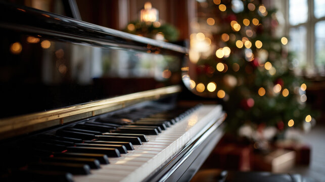 Piano playing soft jazz tunes in a cozy room with a Christmas tree - Powered by Adobe
