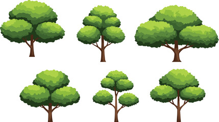 Six illustrated trees, foliage design, deciduous and stylized trees, landscaping elements, garden planning asset, vector plants, outdoor environment, nature education, greenery icons