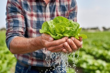 A close-up of a farmer's hands holding a freshly washed, vibrant green head of lettuce, with water dripping.