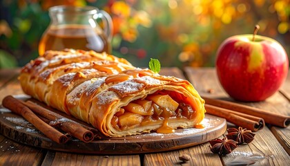 Delicious Apple Strudel Dessert with Apple and Cinnamon Sticks on Wooden Table