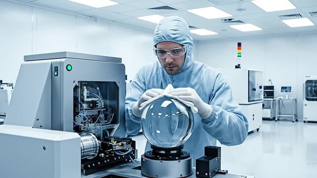 A skilled professional in a sterile cleanroom meticulously performs a precise task, making complex optical component handling appear simple in a high-tech scientific environment