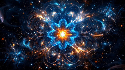 Naklejka premium Vibrant star like burst of energy radiates from center, surrounded by intricate patterns and glowing colors, creating mesmerizing cosmic scene