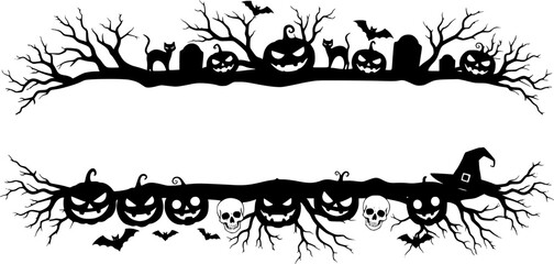 Halloween frame border and divider. Isolated vector spooky decorative holiday element with black silhouettes of creepy pumpkin faces, cats, human skulls, flying bats and witch hat on tree branches