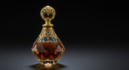 Taller faceted crystal perfume bottle with a golden filigree neck and dark liquid inside. Sophisticated luxury cosmetic packaging for premium fragrances and high-fashion beauty campaigns on a moody da