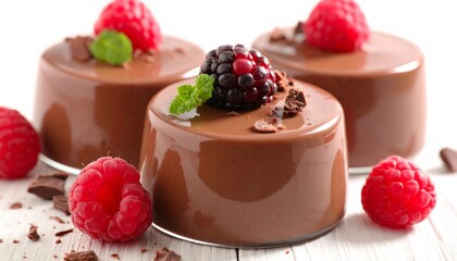Delicious Chocolate Puddings with Berries and Mint on a White Background