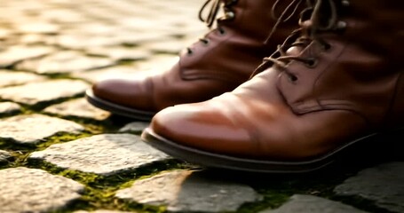 Stylish brown leather boots on cobblestone pavement with greenery around - Powered by Adobe
