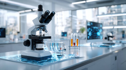 Modern laboratory interior with microscope test tubes and digital equipment
