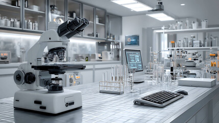 Modern laboratory interior with microscope test tubes and digital equipment