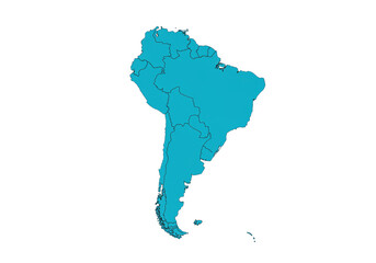 South America map in blue isolated on transparent background, continent geography outline