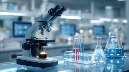 Modern laboratory interior with microscope test tubes and digital equipment