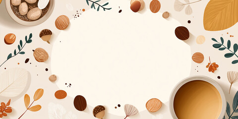 Obraz premium Warm cozy flat lay with autumn leaves, nuts and coffee cup forming a frame with empty center for text or design, evoking comfort, hygge and seasonal atmosphere with copy space.