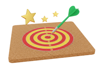 Dartboard with green dart isolated on cork board, target achievement concept