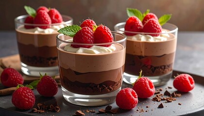 Delicious Chocolate Raspberry Dessert in Glasses, Perfect for Celebrations