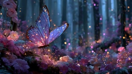 A magical butterfly in the night fantasy forest. Fantastic miraculous garden with firefly light glow near mysterious flowers.