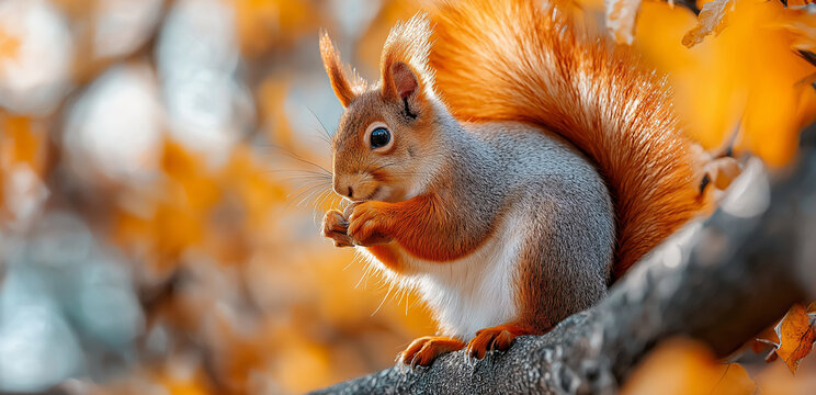 A curious red squirrel sits on a branch surrounded by warm autumn leaves, holding a nut in its paws, with soft bokeh background and vibrant seasonal tones.