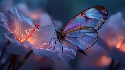 A butterfly with shining transparent wings on a beautiful purple glowing flower at night. 