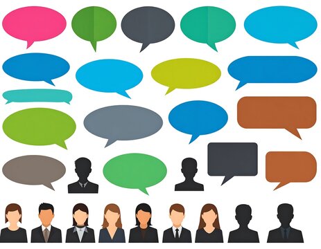 Collection of speech bubbles with various shapes and stylized human silhouettes