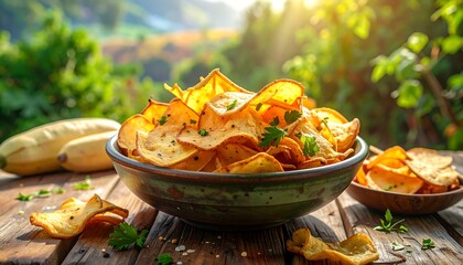 Delicious Homemade Potato Chips in a Bowl with a Beautiful Blurred Background