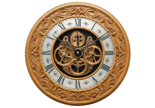 Ornate wooden clock with exposed gears isolated on transparent background, vintage timekeeping