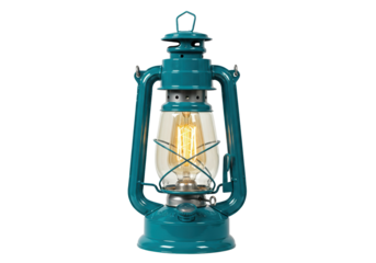 Teal kerosene lantern with electric bulb isolated on transparent background, vintage style lighting