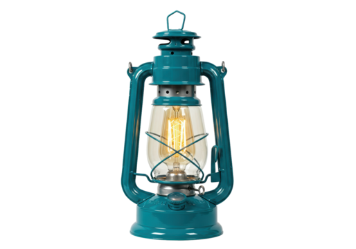 Teal kerosene lantern with electric bulb isolated on transparent background, vintage style lighting