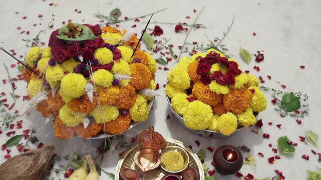 Colorful flowers stacked up to create Bathukamma, a specific Hindu god worshiped in Telangana, South India