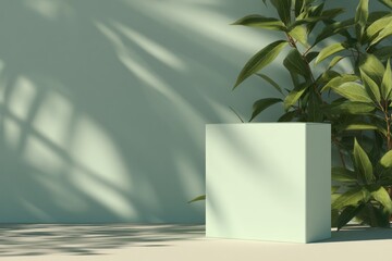 A cube product display next to green foliage, shadows dance on a textured wall