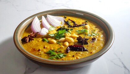 Delicious Indian Dal with Onions, Spices, and Herbs in a Bowl