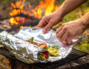 Preparing grilled vegetables in foil over a campfire