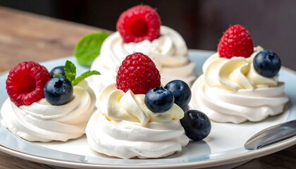 Delicious Mini Pavlovas with Raspberries and Blueberries on a Plate