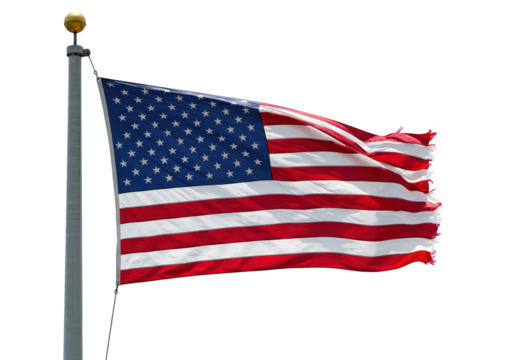 American flag waving isolated on white, patriotic symbol of the United States of America
